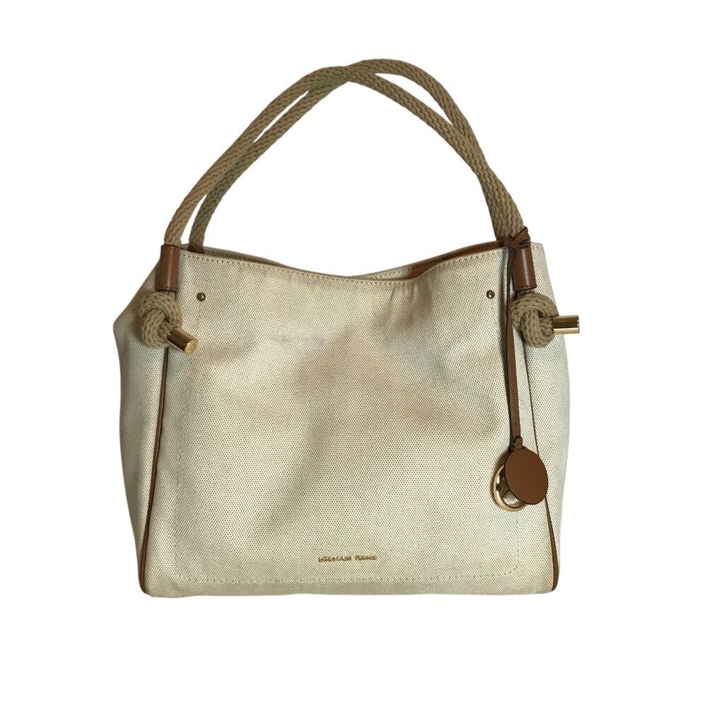 Michael Kors Cream Canvas Shoulder Bag With Leather Trim